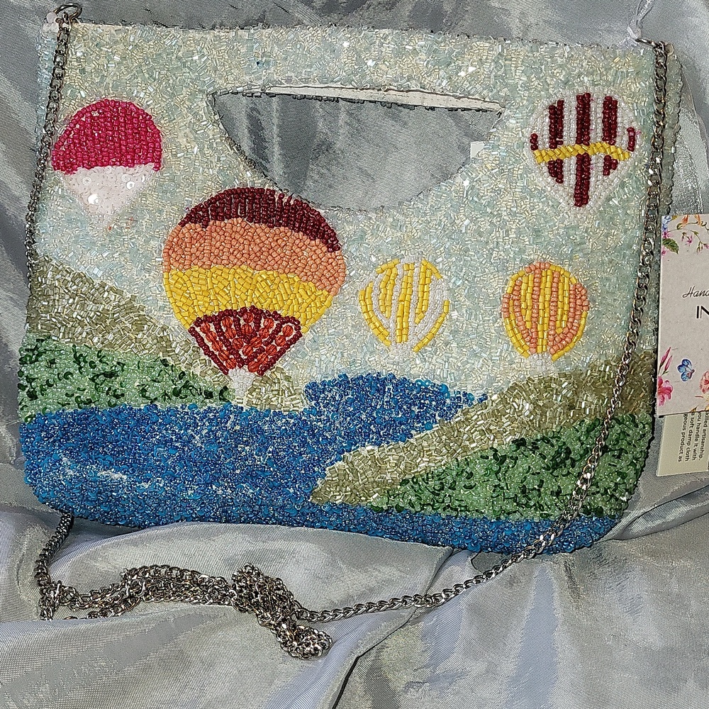Handcrafted In India Beaded Hot Air Balloon Clutch - Ice Blue and Multicolor EL - Picture 2 of 5